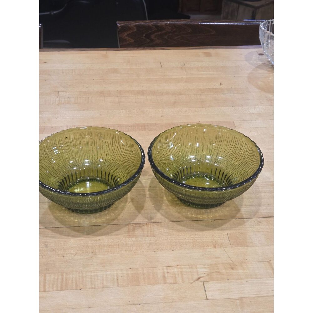 Vintage 1975 FTD Avocado Green Glass Bowls Indiana Glass Bark Textured Pair